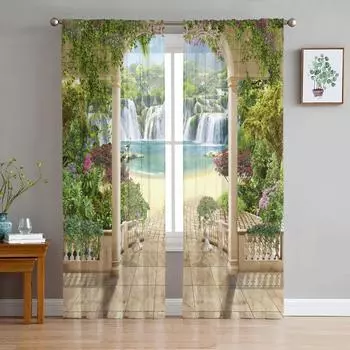 Пейзаж, садовый пейзаж, шифоновые прозрачные шторы для гостиной, спальни, украшение дома, оконная вуаль, тюлевые шторы, занавеска W135 x H115cm x1&Rod Pocket