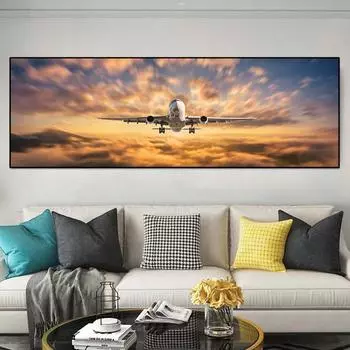 Пейзаж Самолет Закат Облака Оранжевое небо Холст Картины Плакаты и принты Настенные художественные фотографии Гостиная Домашний декор Без рамки 20*40cm