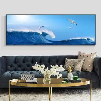 Пейзаж Синяя морская волна холст картина животное птица чайка плакаты и принты настенные панно для гостиной домашний декор без рамки 20*40cm