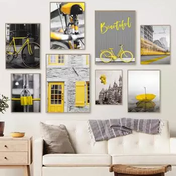 Пейзаж Вид с улицы ретро-искусство холст картина желтый велосипед натюрморт постер офис гостиная украшение дома фреска без рамки 21*30cm No Frame