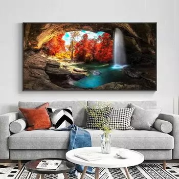 Пейзаж Водопад в осеннем лесу Красное дерево Холст Картина постеры с природой и принты настенные художественные фотографии домашний декор без рамки 20cm40cm NoFrame