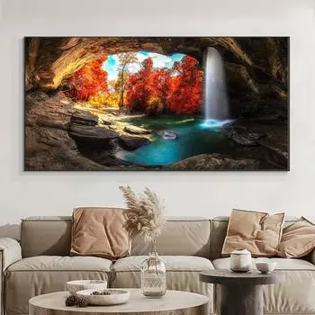 Пейзаж Водопад в осеннем лесу Красное дерево Холст Картина постеры с природой и принты настенные художественные фотографии домашний декор без рамки 20*40cm