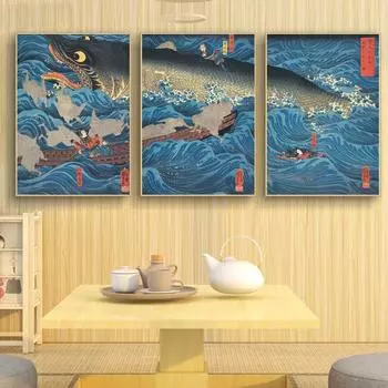 Пейзаж в японском стиле, холст, картина, настенное искусство, волна, карп, постер, гостиная, коридор, украшение для дома, фреска, без рамки 21*30cm No Frame