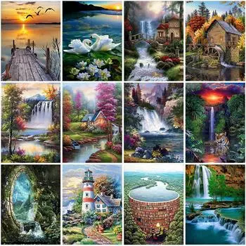 Пейзаж водопад DIY 5D алмазная живопись Стразы мозаика полный круглый смолы пейзаж Алмазная вышивка домашний декор подарок Full Round 20x30CM