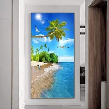 Пейзаж, закат, пляж, море, морской пейзаж, вид на остров, холст, живопись, пальмовое дерево, постеры и принты, настенные панно, домашний декор, без рамки 20cm40cm NoFrame