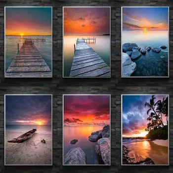 Пейзаж Закат Пляж Море Пирс Печать Плакат Холст Картины Современная Настенная Картина Hd Для Гостиной Спальни Украшения Дома Без Рамки 21*30cm