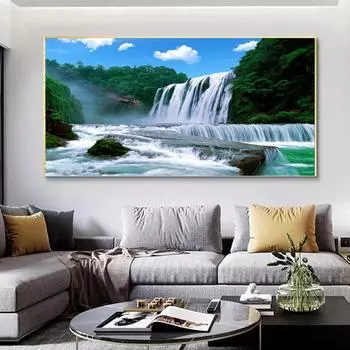 Пейзаж Зеленый Лес Водопад Лебедь Холст Картины Плакаты и принты Настенные Художественные Фотографии Гостиная Домашний Декор Без Рамки Без Рамки 20*40cm