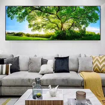 Пейзаж Зеленый Желтый Лес Дерево Холст Картина Солнечный свет Плакаты и принты Настенные Панно Гостиная Домашний Декор Без Рамки 20x60cm No Frame зеленый лайм