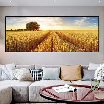 Пейзаж Золотое пшеничное поле Дерево на закате Панорама Холст Картина Плакаты и принты Настенные художественные фотографии Домашний декор без рамки 20cm40cm NoFrame