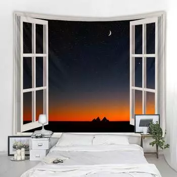 Пейзажная иллюстрация гобелен звездное небо за окном настенный висит богемный хиппи украшение дома простыня с принтом 90x75cm