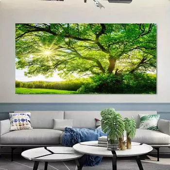Пейзажные картины Зеленое дерево Холст Картина Лес Постеры и принты Настенное искусство Деревья Картины для гостиной Домашний декор 20x40cm