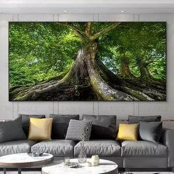 Пейзажные картины Зеленое дерево Холст Картина Лесные постеры и принты Настенное искусство Гигантские деревья Картины для гостиной Домашний декор Без рамки 20*40cm