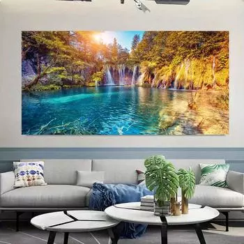 Пейзажные постеры Современный закат Домашний декор Водопад Картины Печать на холсте Настенное искусство для гостиной Прикроватные картины 20x40cm
