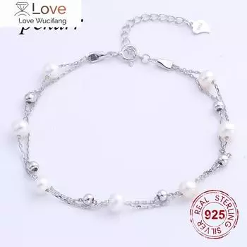 Pekurr Двойная цепочка из стерлингового серебра 925 пробы 4,5 мм круглый натуральный пресноводный жемчуг браслет на запястье для женщин 7 бусин ювелирные браслеты 22cm