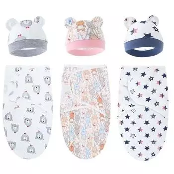 Пеленание для новорожденных от 0 до 12 месяцев, хлопковое детское одеяло с мультяшным принтом, набор шапок, регулируемые детские пеленки для сна, все сезоны