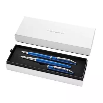 Pelikan jazz noble set Fountain pen and ballpoint pen Sapphire (blue), elegant cartridge fountain pen (M) metal, in folding box