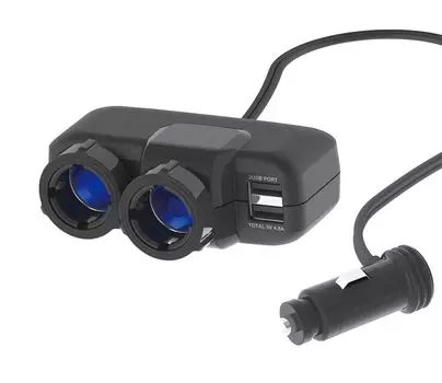 Pellucid PST2049 Автотовары, Розетка прикуривателя, 2 USB, 4.8 А, Блокируемая, Двойная розетка-удлинитель BK