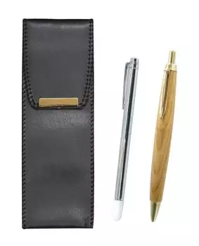 Pen Case with Metal Pointer and Maple Wood Retro Ballpoint Pen Set 2-Pack Eco-Leather (BR-701S-HS47S-2)