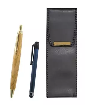 Pen Case with Metallic Blue Stick and Retro Maple Wood Ballpoint Pen Set 2-Pack Eco-Leather (BR-ALL-HS47S-2)