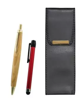 Pen Case with Red Metallic Touch Stick and Retro Maple Wood Ballpoint Pen Set 2-Pack Eco-Leather (BR-ALR-HS47S-2)