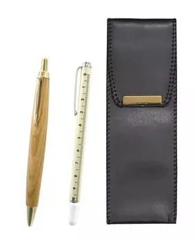 Pen Case with Slide Measuring Stick and Retro Maple Ballpoint Pen Set 2-Pack Eco-Leather (BR-708W-HS47S-2)