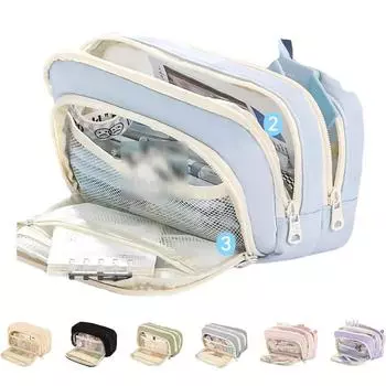 Пенал большой емкости, 3 отделения, простое хранение, эстетичный пенал, пенал большой емкости бежевый