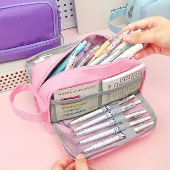 Пенал большой емкости для девочек с несколькими отделениями, органайзер для ручек и канцелярских принадлежностей с переносным ремешком для руки фиолетовый