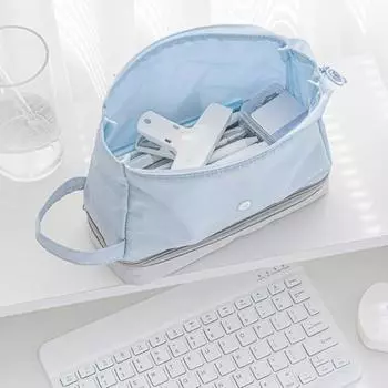 Пенал большой емкости для хранения канцелярских принадлежностей для студентов с ручным ремешком на гладкой молнии бежевый