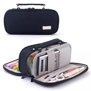 Пенал большой емкости для школьников с 2 отделениями, многофункциональный, с ручкой чёрный