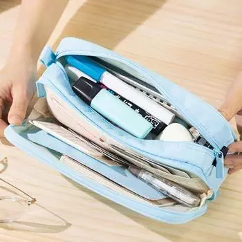 Пенал большой емкости двухслойный канцелярский мешок на молнии органайзер для ручек школьные канцелярские принадлежности чёрный