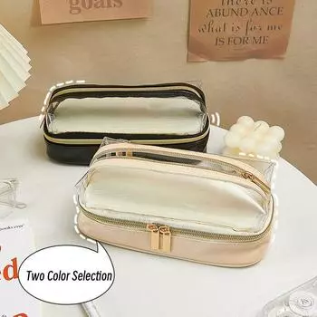 Пенал большой емкости, двухслойный, прозрачный, с видимой сумкой для кистей для макияжа, простой черный, бежевый цвет, сумка для хранения канцелярских принадлежностей бежевый