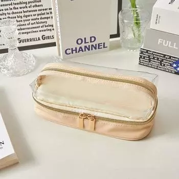 Пенал большой емкости, двухслойный, прозрачный, с видимой сумкой для кистей для макияжа, простой черный, бежевый цвет, сумка для хранения канцелярских принадлежностей бежевый