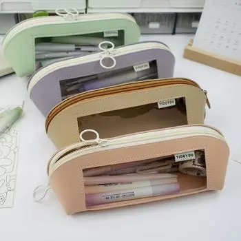 Пенал большой емкости из прозрачной оболочки - канцелярские принадлежности и косметичка для студентов розовый