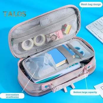 Пенал большой емкости, многослойное хранение, держатели для ручек, сетчатые разделители, органайзер для стола из ткани Оксфорд розовый