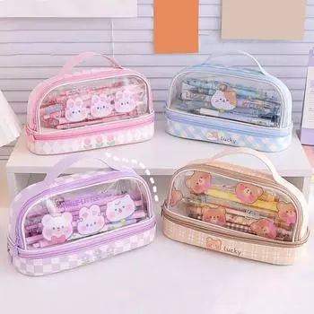 Пенал большой емкости пыленепроницаемый прозрачный видимый мультяшный медведь кролик INS двухслойная сумка-карандаш школьные принадлежности