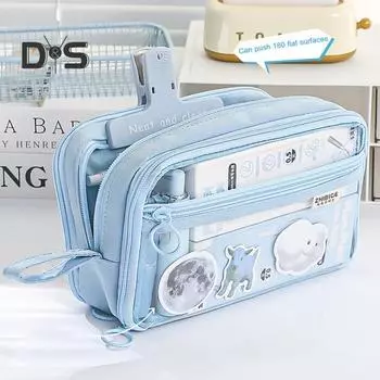 Пенал большой емкости с многослойным дизайном, застежка-молния, прозрачное отделение, органайзер для канцелярских принадлежностей, чехол для ручек бежевый