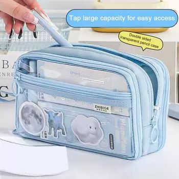 Пенал большой емкости с многослойным дизайном, застежка-молния, прозрачное отделение, органайзер для канцелярских принадлежностей, чехол для ручек зелёный