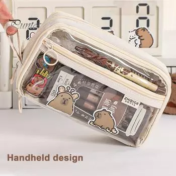 Пенал большой емкости с многослойным дизайном, застежка-молния, прозрачное отделение, органайзер для канцелярских принадлежностей, чехол для ручек розовый