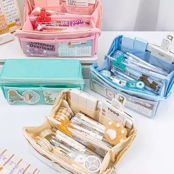 Пенал большой емкости с несколькими отделениями на молнии, износостойкий чехол для ручек, органайзер для канцелярских принадлежностей розовый