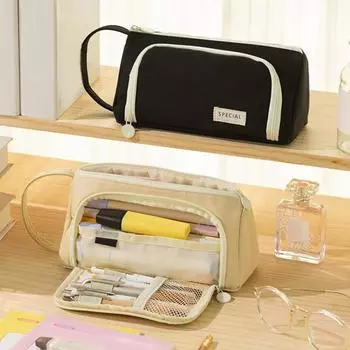 Пенал большой емкости с несколькими отделениями на молнии, классический дизайн, многофункциональный пенал, органайзер для кистей для макияжа чёрный