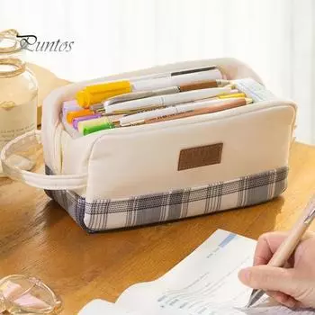 Пенал большой емкости с ручкой на молнии, органайзер в клетку, сумка, ручка, карандаш, косметический контейнер чёрный