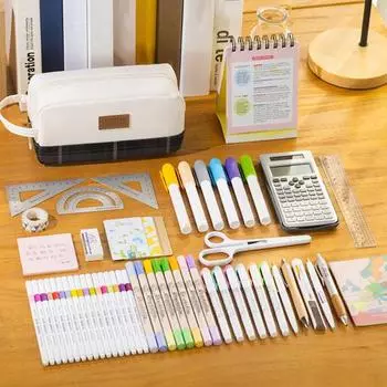 Пенал большой емкости с ручкой на молнии, органайзер в клетку, сумка, ручка, карандаш, косметический контейнер розовый