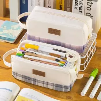 Пенал большой емкости с ручкой на молнии, органайзер в клетку, сумка, ручка, карандаш, косметический контейнер синий
