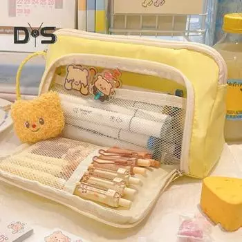 Пенал большой емкости с застежкой-молнией и рисунком медведя из мультфильма, сумка для карандашей с ручкой, сумка для канцелярских принадлежностей для студентов B