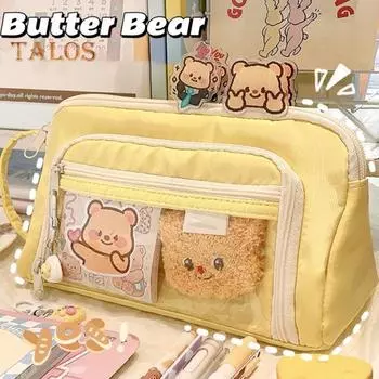 Пенал большой емкости с застежкой-молнией и рисунком медведя из мультфильма, сумка для карандашей с ручкой, сумка для канцелярских принадлежностей для студентов B