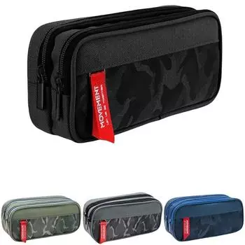 Пенал большой вместимости для мальчиков и девочек с двухслойными карманами на молнии чёрный