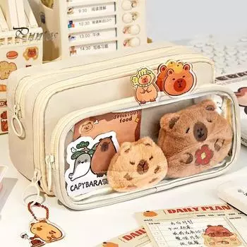 Пенал Capybara, большая вместимость, многослойная холщовая сумка для ручек с отделениями, водонепроницаемый материал, набор для самостоятельного изготовления пенала бежевый