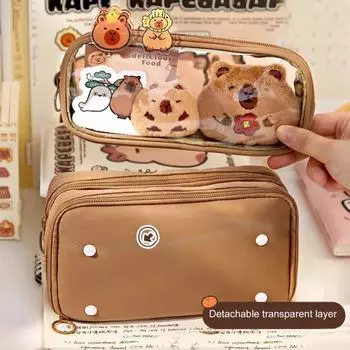 Пенал Capybara, большая вместимость, многослойная холщовая сумка для ручек с отделениями, водонепроницаемый материал, набор для самостоятельного изготовления пенала кофейный