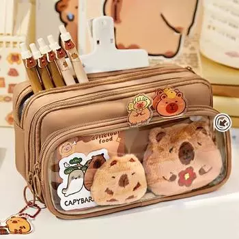 Пенал Capybara, большая вместимость, многослойная холщовая сумка для ручек с отделениями, водонепроницаемый материал, набор для самостоятельного изготовления пенала зелёный