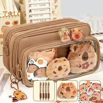 Пенал Capybara, большая вместимость, многослойная холщовая сумка для ручек с отделениями, водонепроницаемый материал, набор для самостоятельного изготовления пенала кофейный